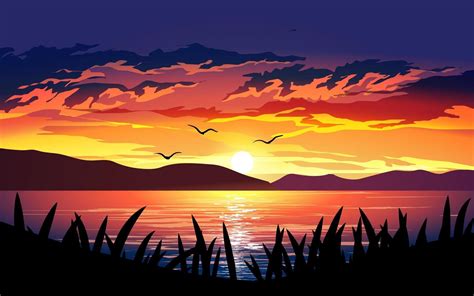 Dramatic Sunset Over The Lake Arte De Puesta De Sol Ilustración De