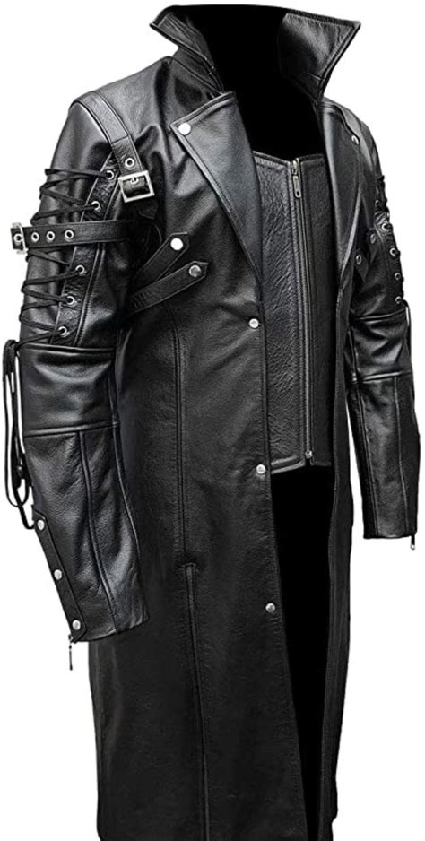 Mens Real Black Leather Goth Matrix Trench Coat Steampunk Gothic In