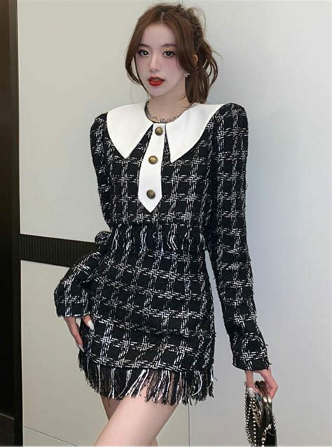 Ins Fashion 2 Colors Doll Collar Tassels Plaids Tweed Dress Set • Seoulinspired