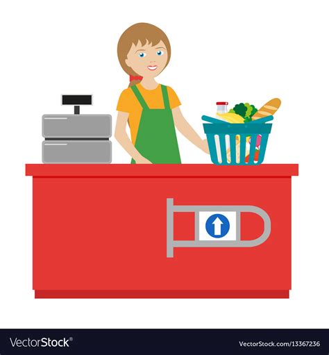Girl Cashier In A Grocery Supermarket Cart Vector Image
