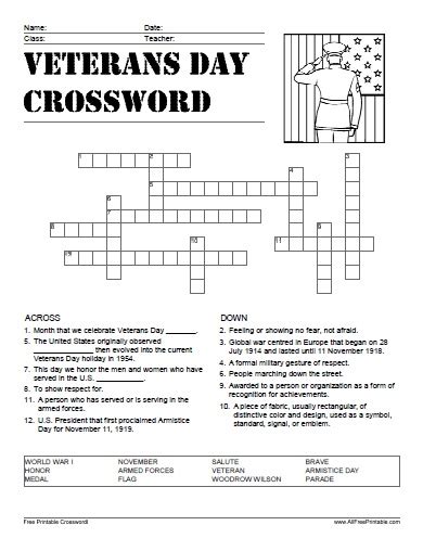 Commemorate the contributions of brave men and women who serve in the us military using these veterans day worksheets, with literacy activities like veterans day vocabulary, unscramble. Veterans Day Crossword - Free Printable - AllFreePrintable.com