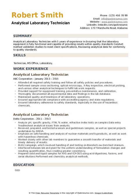 Medical lab technician jobs are projected to grow by 13% (or. Analytical Laboratory Technician Resume Samples | QwikResume