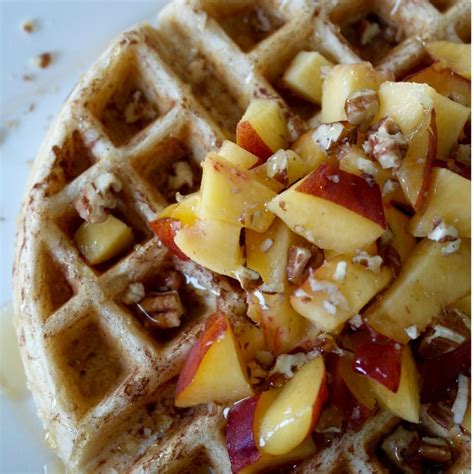 Straight from the kitchen of our very own brick and mortar cookie shop we used. Peach Pecan Waffles | Kodiak cakes, Pecan waffle recipe, Waffles
