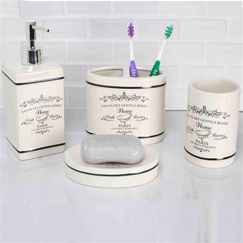 Home Basics Paris White Ceramic Bathroom Accessories 4 Piece Set