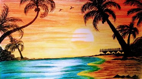 How To Draw Sunset Beach Landscape Drawing With Color