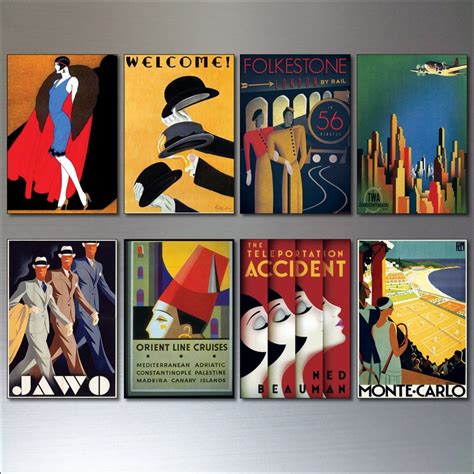 Art Deco Vintage Posters Set Of 8 Retro Reproduction Fridge Etsy
