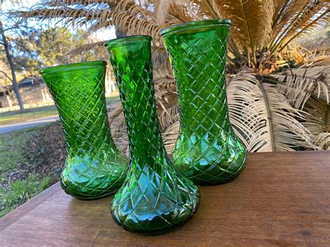 Vintage Hoosier Green Glass Diamond Quilted Vases Set Of Three Etsy