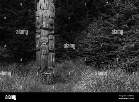 Totem pole at UNESCO World Heritage Site Sgang Gwaay Llnagaay, an