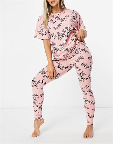 Asos Design Butterfly Oversized Tee And Legging Pyjama Set In Pink Asos