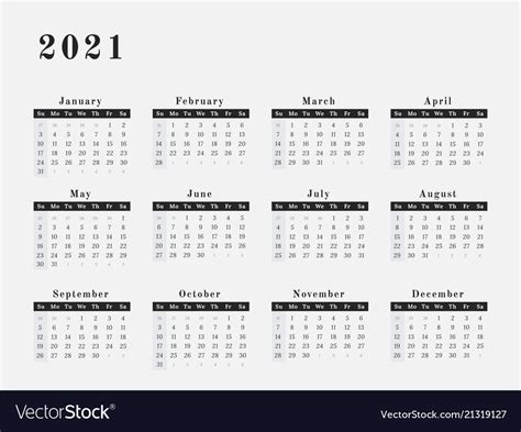 2021 Year Calendar Horizontal Design Royalty Free Vector