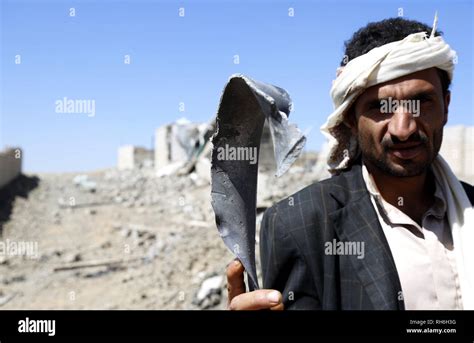Sanaa Yemen 1st Feb 2019 A Man Holds A Missile Shrapnel He