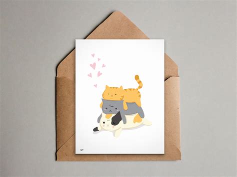 Cute Cat Friends Greeting Card Printable Cute Cat Stack Card Etsy
