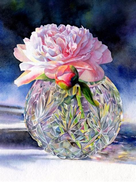 Rose In Crystal Vase Still Life Watercolor Painting Floral Painting