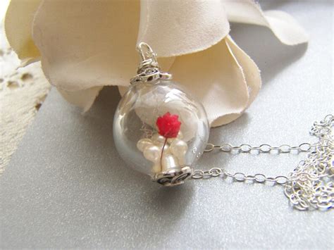 Real Flower Botanical Necklace Hand Blown Glass Globe Red Etsy
