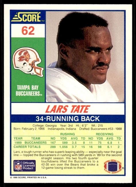 1990 Score Nfl Football Trading Card 62 Lars Tate Tampa Bay