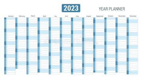 Planejador 2023 Ano Modelo De Calendário Azul Inglês Grade Vetorial