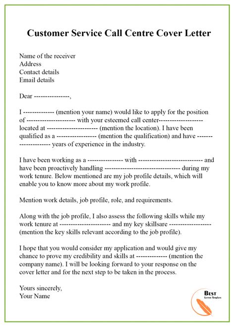 Call Centre Cover Letter Format Sample And Examples