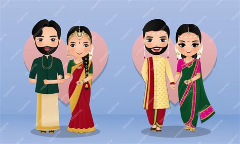 premium vector set of cute couple in traditional indian dress cartoon characters bride and