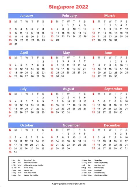 Free Printable Singapore Calendar 2022 With Holidays