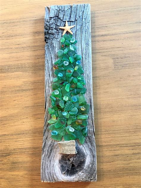 Sea Glass Christmas Tree On Reclaimed Wood Coastal Christmas Etsy Glass Christmas Tree
