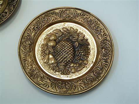 Vintage Round Metal Gold Embossed Stamped Fruit Decor Plate Set