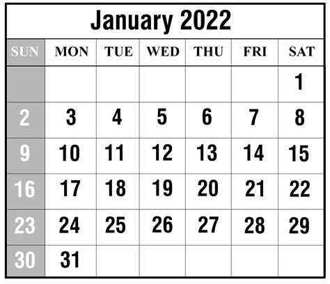 January 2022 Calendar Printable