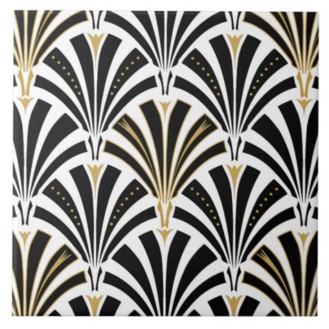 Art Deco Fan Pattern Black And White Large Square Tile Zazzle