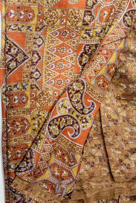 Vintage Indian Pure Silk Saree Antique Printed Brown Sari Etsy