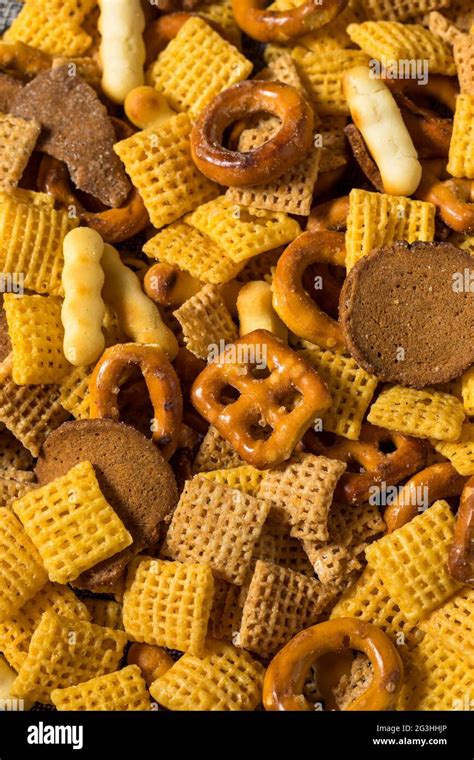 Homemade Salty Party Snack Mix With Cereal And Pretzels Stock Photo Alamy
