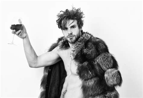 Guy Attractive Rich Posing Fur Coat On Naked Body Rich Athlete Enjoy His Life Fashion And