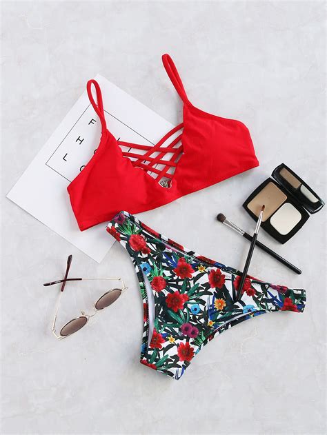 Red Floral Print Criss Cross Bikini Setfor Women Romwe