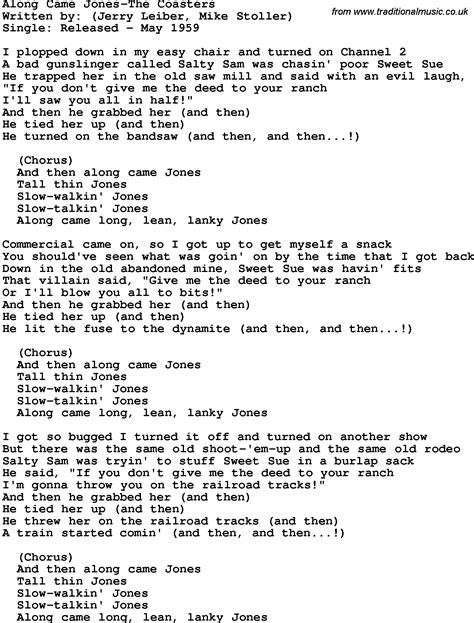 Novelty Song Along Came Jones The Coasters Lyrics