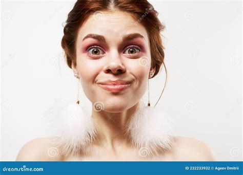 Surprised Woman Naked Shoulders Decoration Makeup Close Up Stock Photo