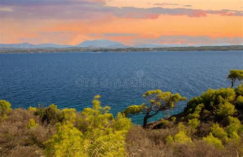 Amazing Landscape From Greek Island On Mainland Of Greece Awe Sunset
