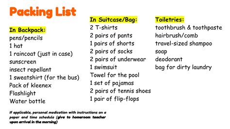 Class Of Salesopolis Field Trip Packing List