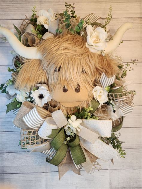 Xl Highland Cow Wreath For Front Door Everyday Texas Ranch Etsy