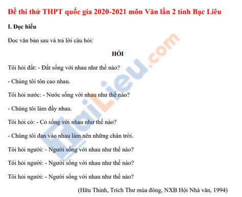 Sáng ngày 7/7, kỳ thi tốt nghiệp thpt năm 2021 đã chính thức diễn ra, thử thách đầu tiên của các sỹ tử là môn ngữ văn. Đề thi thử THPT Quốc gia 2021 môn Văn tỉnh Bạc Liêu (Lần 2)