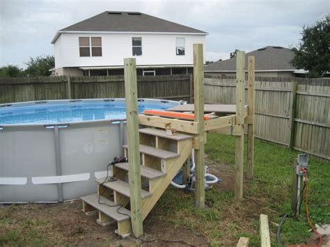 The last step involves building stairs leading from the sun deck down to the ground. My Intex 16x48 with custom deck and stairs | Pool steps ...