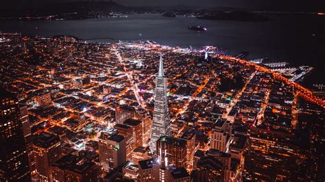 Wallpaper Id 6279 Night City Coast Aerial View Buildings Lights