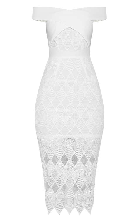 White Lace Strappy Bardot Midi Dress Prettylittlething Usa