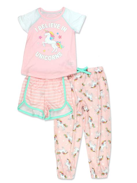 Komar Kids Unicorn Girls Short Sleeve 3 Piece Jersey Pajamas Set