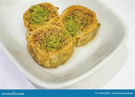 Turkish Baklava In The Form Of Rolls With Pistachio Stock Photo Image