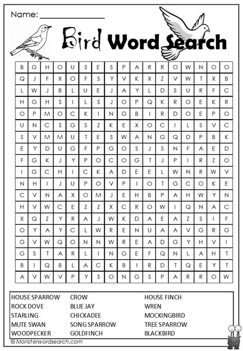 This is the classic word search puzzle where you need to locate a list of given words in a grid. Bird Word Search- Monster Word Search