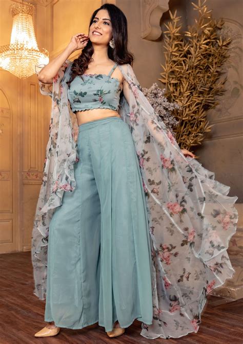 Blue Crop Top Palazzo Set With Shrug Western Dresses For Girl