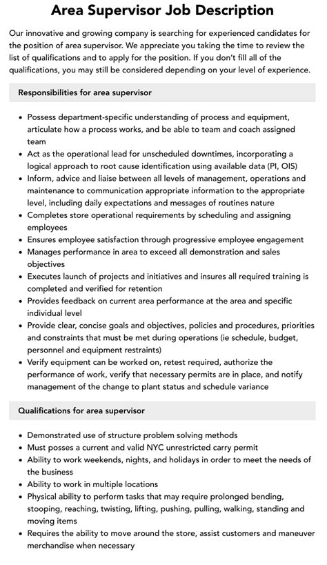 Area Supervisor Job Description Velvet Jobs