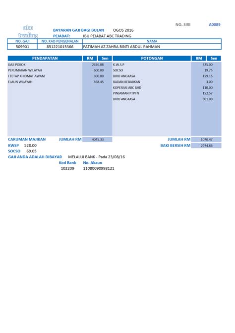 Kemudian kita load dan tempatkan field kolom pada format slip gaji yang telah dibuat di microsoft word. Contoh Payslip Sistem Slip Gaji Malaysia Payment System ...