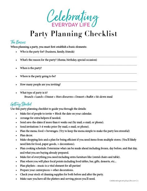 Dinner party planning checklist free pdf template download redgoldtomatoes.com | in order to plan for successful dinner party, you should have a good sample checklist for all the items needed and what is required to be done at specific time. Party Planning Checklist | Celebrating Everyday Life with ...