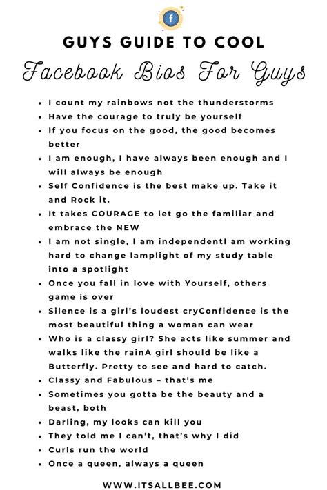 Now let's take a look at more than 220 instagram bio ideas based on the above elements. 100+ Ideas For Facebook Bio For Guys | ItsAllBee | Solo ...