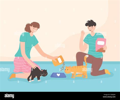 Woman And Man Feeding Cats Stock Vector Image And Art Alamy
