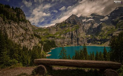 Canton Of Bern Mountains Bernese Alps Trees Bench Oeschinen Lake